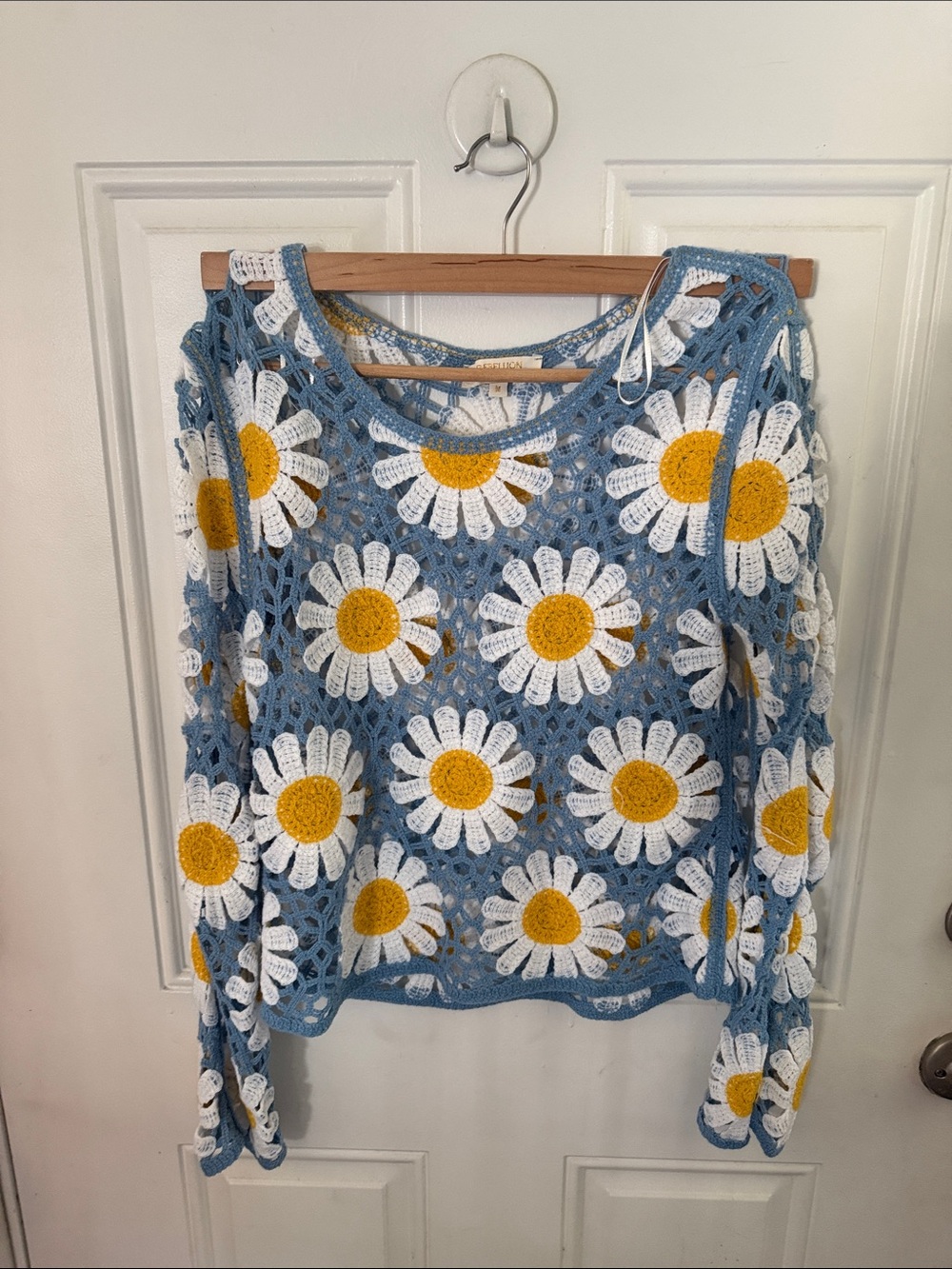 Rebellion Blue Crochet Daisy Sweater with White & Yellow Flowers